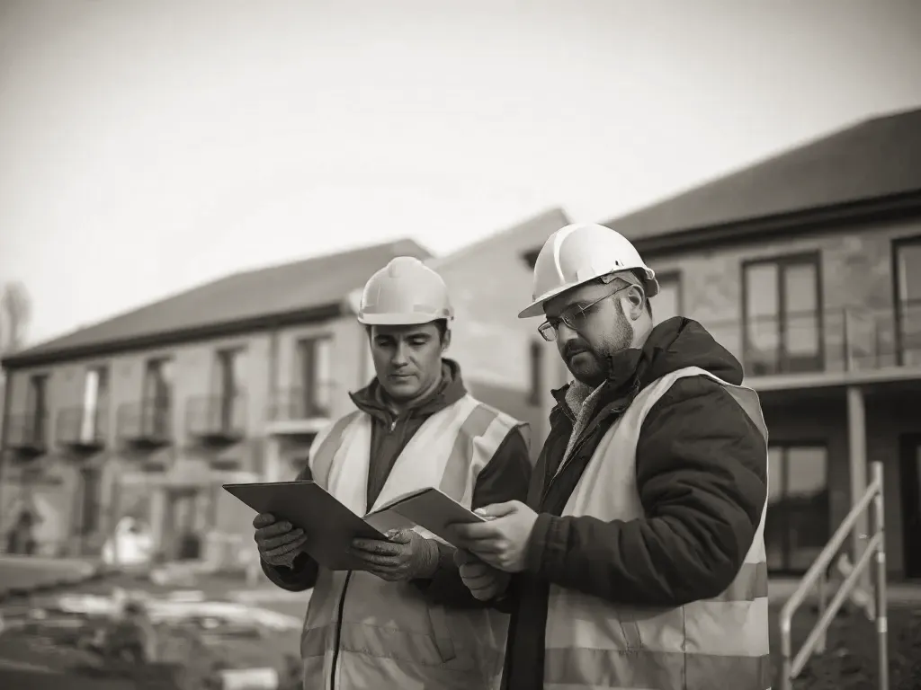 Two professionals working on construction details near Walsall