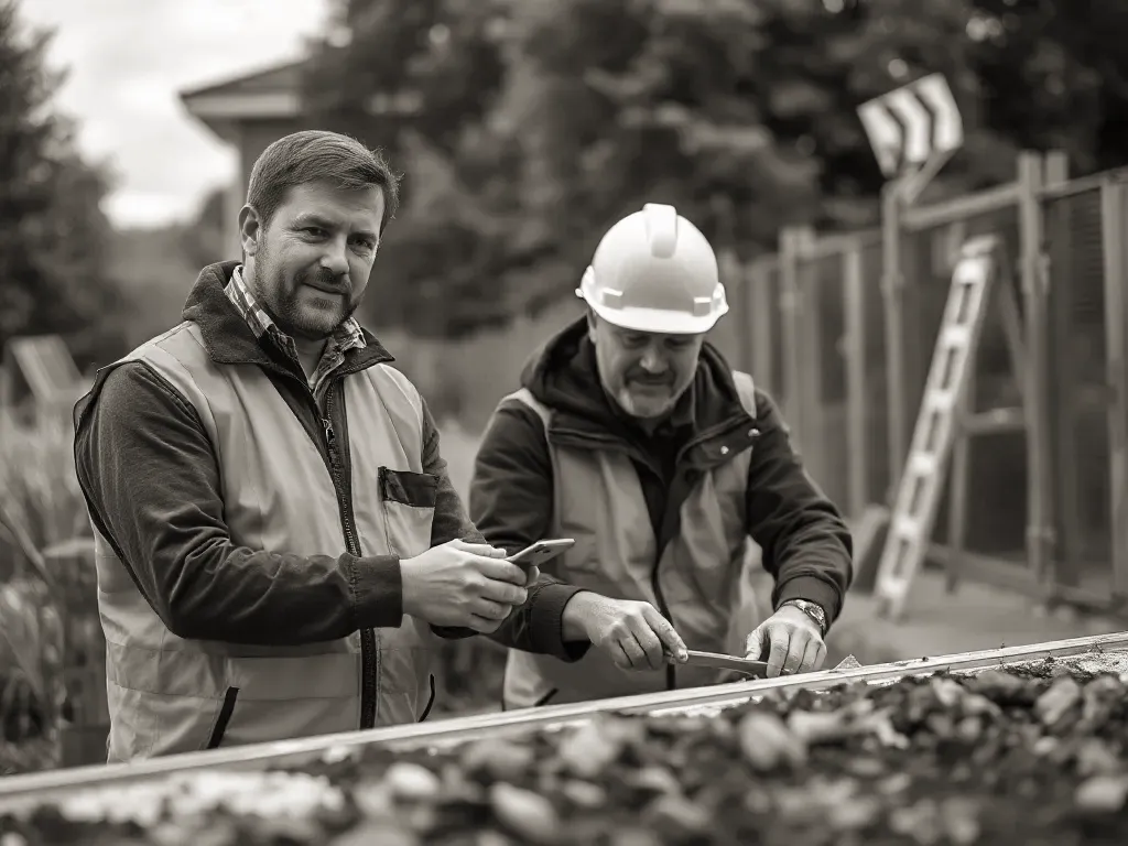 Two professionals working on green belt boundary near Walsall